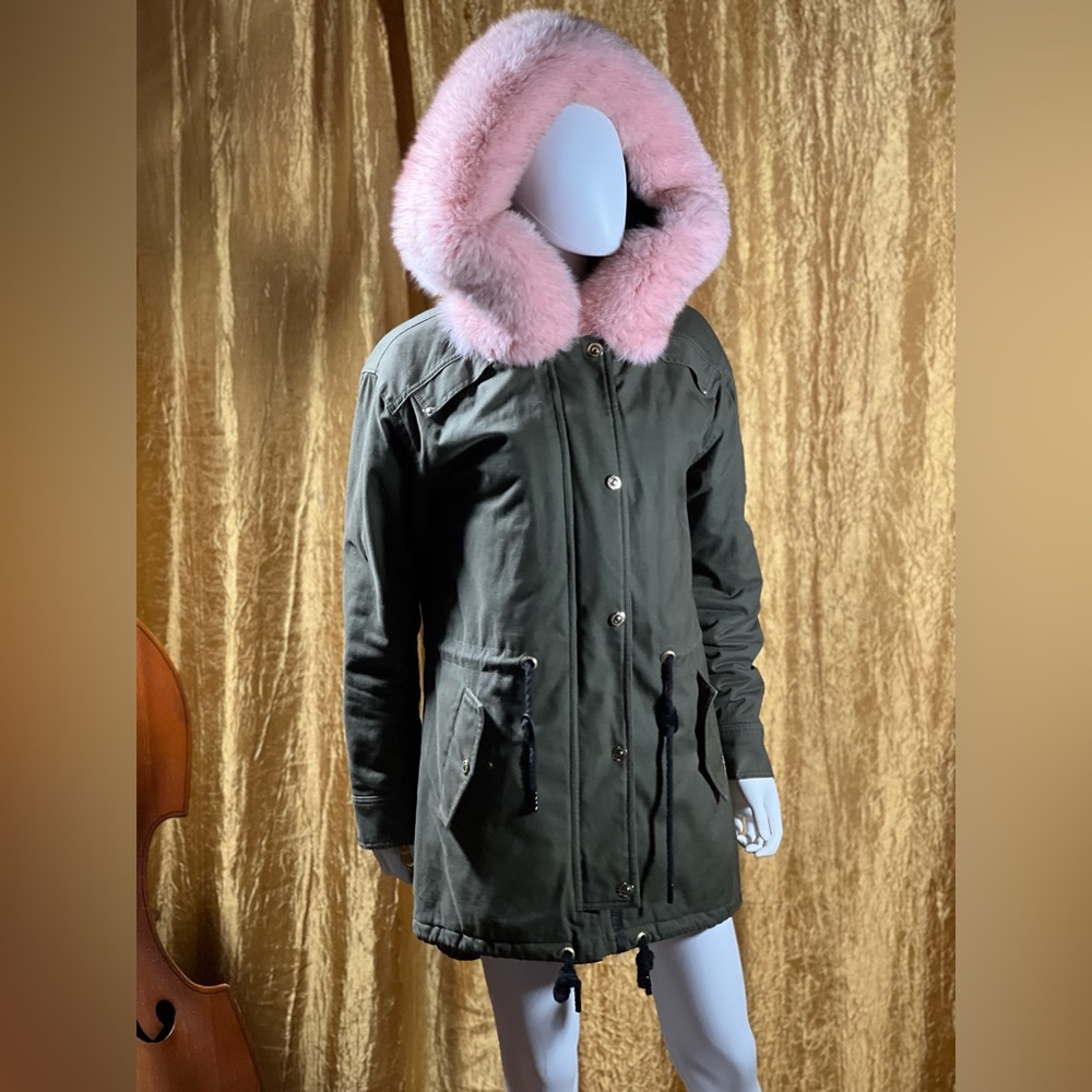 Moose Knuckles military green canvas parka fox-fur trim rabbit fur hood size M
